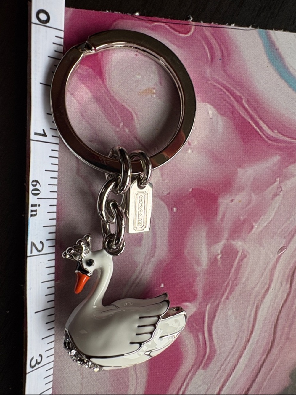 Coach White Swan Enamel Key Ring with Orange Beak and Crystal Accents - Picture 2 of 5